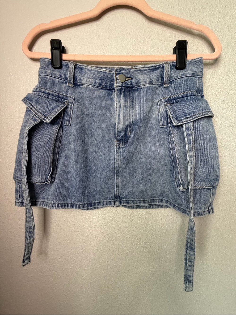 Denim Cargo Mini Skirt Shorts in Light Blue